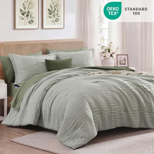 Full Size Comforter Set Light Olive Green Boho Bedding Set 7 Pieces - Image 2