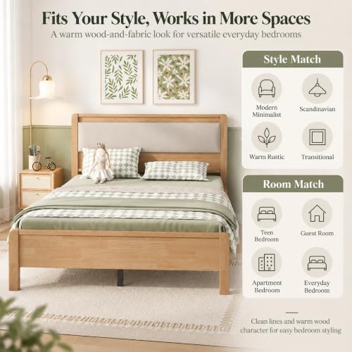 Full Bed Frame with Upholstered Headboard, Wooden Platform Bed - Image 3