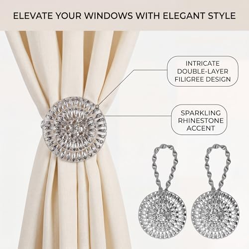 2 Pack Rhinestone Flower Curtain Tiebacks Window Holdback Buckles - Image 2