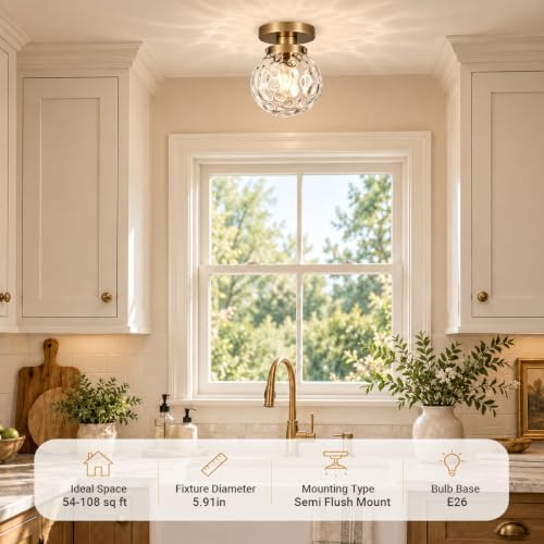 Small Semi Flush Mount Ceiling Light Fixtures, Vintage Globe Hammered Clear - Image 2