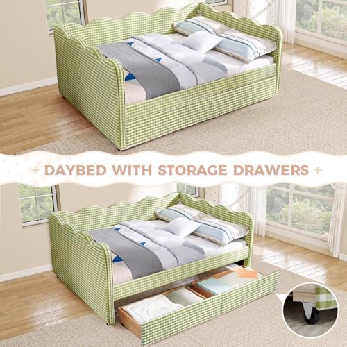 Full Size Daybed with Storage Drawers, Linen Gingham Daybed with USB Ports & - Image 3
