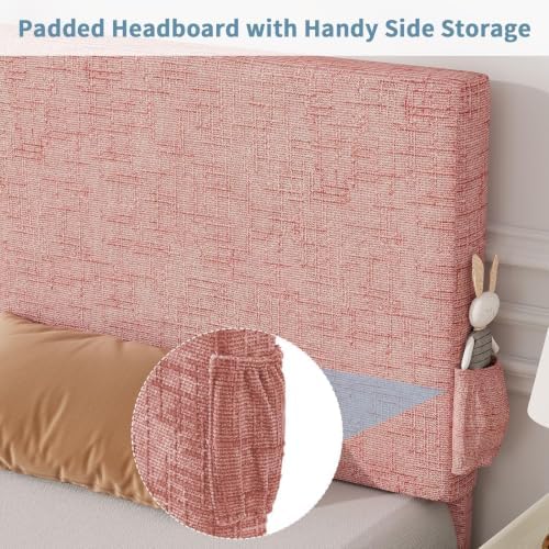 Twin Bed Frame with Chenille Headboard and Side Pockets - Image 5
