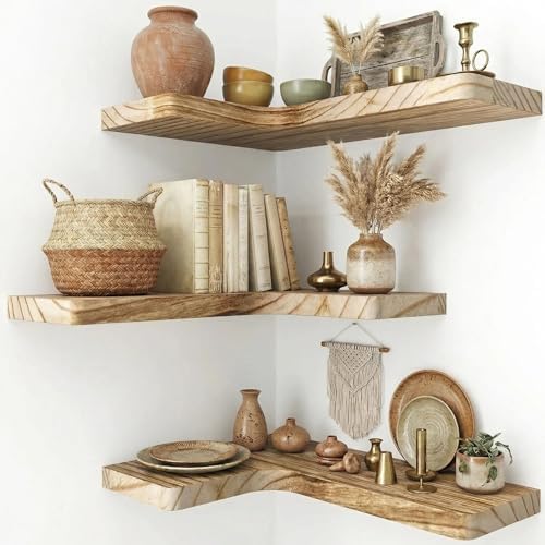 16" Solid Wood Floating Corner Shelves, 3 Pack, Carbonized Brown by Unknown