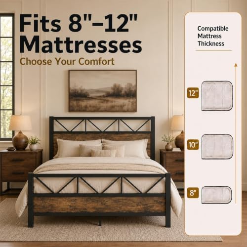 Full Size Bed Frame with 51.2-Inch Headboard, Rustic Brown - Image 6
