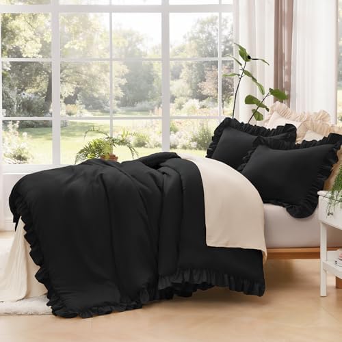 Litanika Queen Comforter Set, 3 Pieces Black Ruffle Bedding Set - Image 4