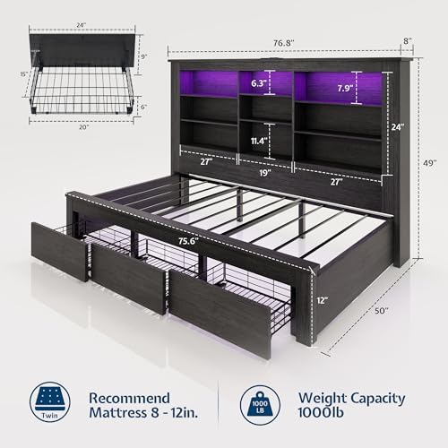 Jocisland Twin Bed Frame Bookcase Headboard USB/LED Lights&3 Drawers - Image 2
