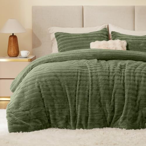 BEDELITE Faux Fur Queen Comforter Set, Fluffy Bed Set, Olive Green by BEDELITE