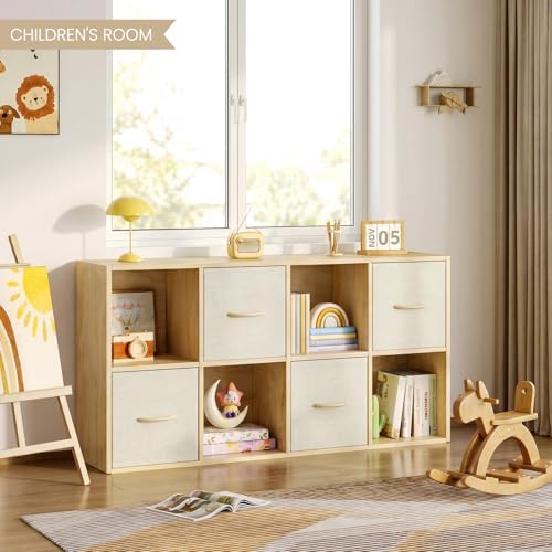 EXPERLAM 8 Cube Storage Organizer, Solid Wood Bookshelf, 4 Fabric Bins - Image 2