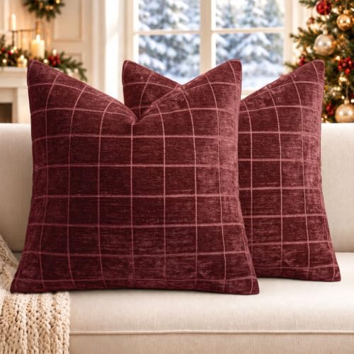 MIULEE Christmas Burgundy Plaid Decorative Throw Pillow Covers by MIULEE
