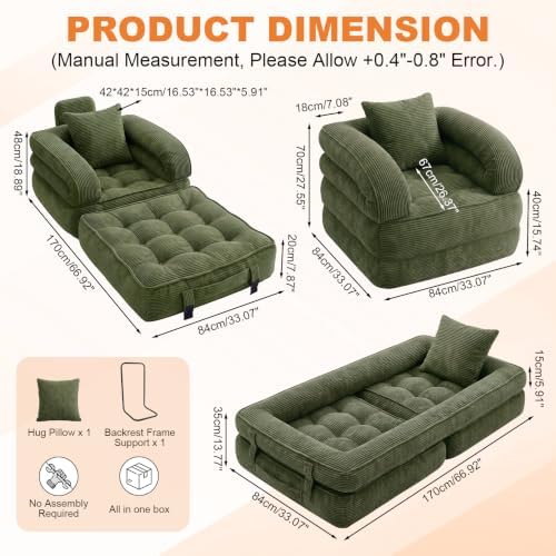 Folding Sofa Bed, Convertible Sleeper Chair, Corduroy Boneless Couch - Image 2