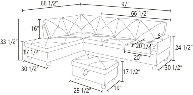 Deep Blue L-Shaped 3-Piece Faux Leather Sofa with Storage Ottoman Set, Sectional Couch Sofa Set for Living Room, Office, Small Space