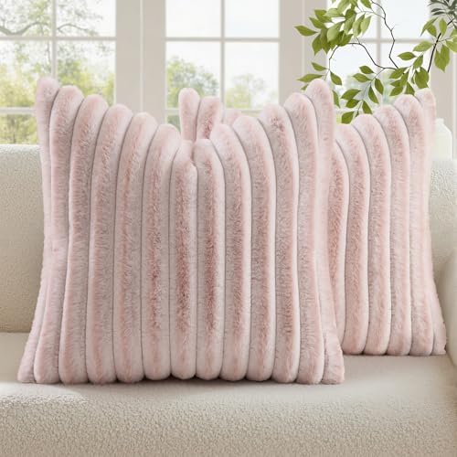 decorUhome Fall Faux Fur Throw Pillow Covers 22x22 Set of 2 Pink White by decorUhome