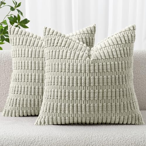 MIULEE Corduroy Decorative Throw Pillow Covers 20x20 Light Green Pack of 2 by MIULEE