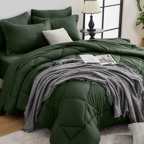 HEVUMYI 7-Piece California King Comforter Set, Dark Green Bed in a Bag by HEVUMYI