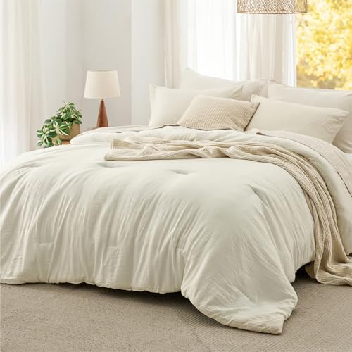 Bedsure Queen Comforter Set Prewashed Soft Bedding Set 3Pcs Ivory 90"x90" by BEDSURE