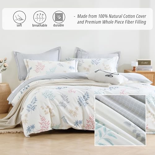 White Gray Whimsical Botanical Cotton Comforter Set Queen Size 3PC - Image 2