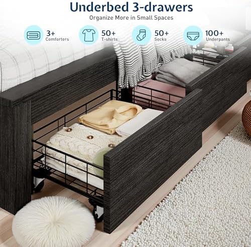 Jocisland Twin Bed Frame Bookcase Headboard USB/LED Lights&3 Drawers - Image 5
