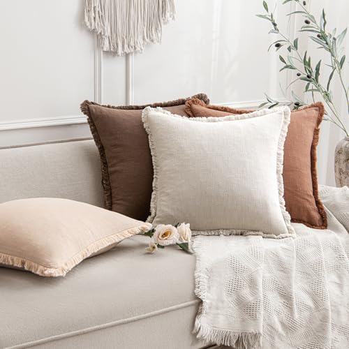ANRODUO Decorative Linen Fringe Pillow Covers 18×18 Natural Beige 2 Pack - Image 5