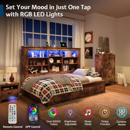 Jocisland Twin Bed Frame Bookcase Headboard, USB/LED＆3 Drawers, Rustic Oak - Image 4
