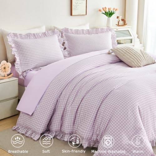 Full Gingham Comforter Set 5 Pieces Purple Ruffled Bedding Sets - Image 5
