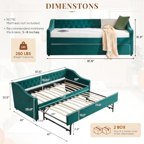 Daybed with Trundle Bed Twin, Upholstered Day Beds Frame - Image 2