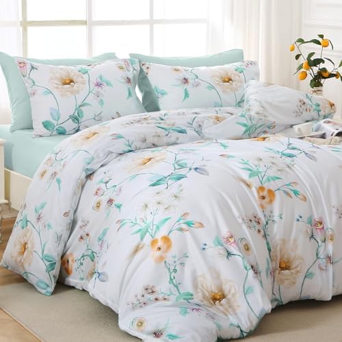 MUXHOMO King Comforter Set, 7-Piece Floral Bed in a Bag, Colorful Green - Image 2