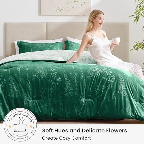 Love's cabin Floral Comforter Set Cute Bedding King Reversible 3Pcs Green - Image 5