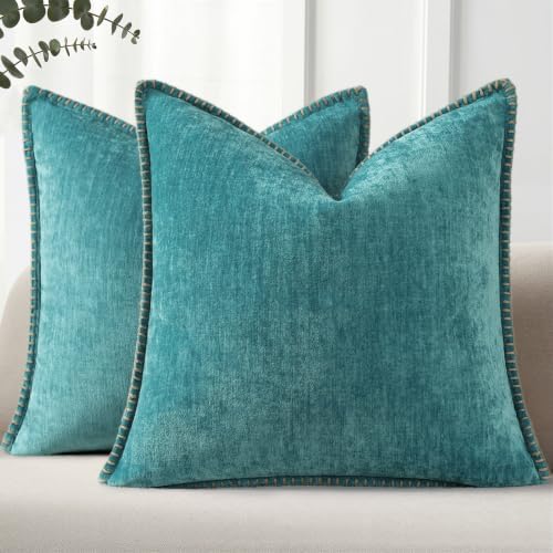 Pallene Chenille Soft Turquoise Throw Pillow Cover 18x18 Set of 2 by PALLENE
