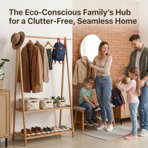 Finnhomy Bamboo Clothes Rack Portable Extra Large Garment Rack 2-Tire Storage - Image 2