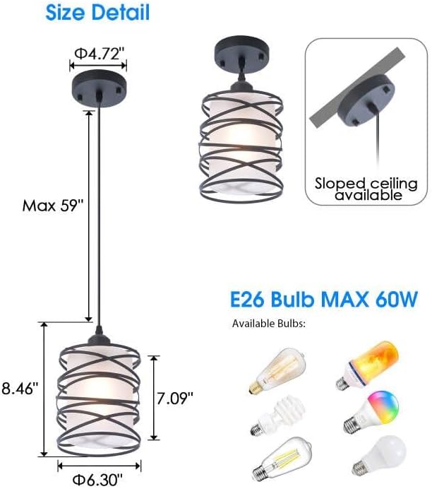 Modern Mini Pendant Light Fixture Kitchen Island Pendant Lighting 6.30''Matte Black Spiral Cage and Handblown Frosted Haze Glass Shade Hanging Lamp Adjustable Cord for Dining Room 1 Pack