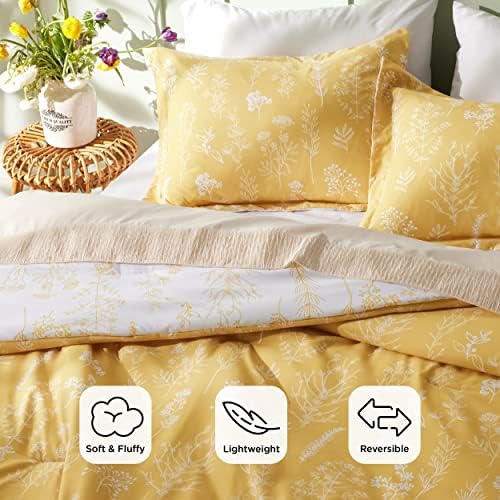 Bedsure Floral Comforter Set Cute Bedding Set Full Reversible Yellow - Image 3