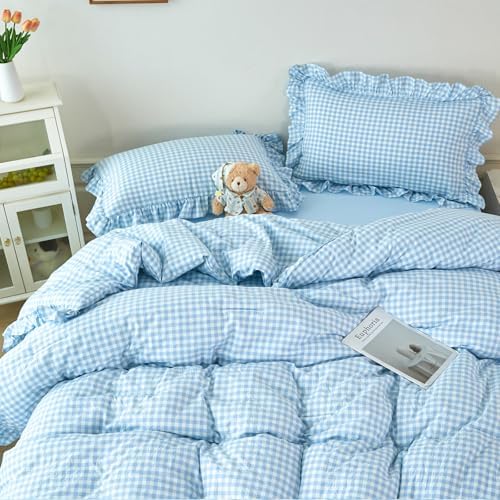 Queen Gingham Comforter Set 5 Pcs Blue Plaid Ruffle Bedding Set - Image 2