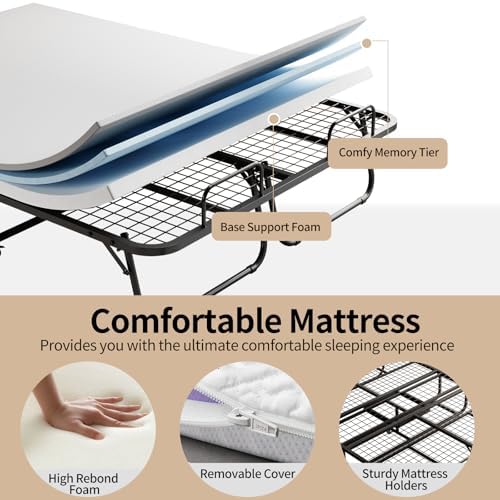 Folding Bed with 5" Memory Mattress, Roll Away Foldable Beds on Wheels - Image 5