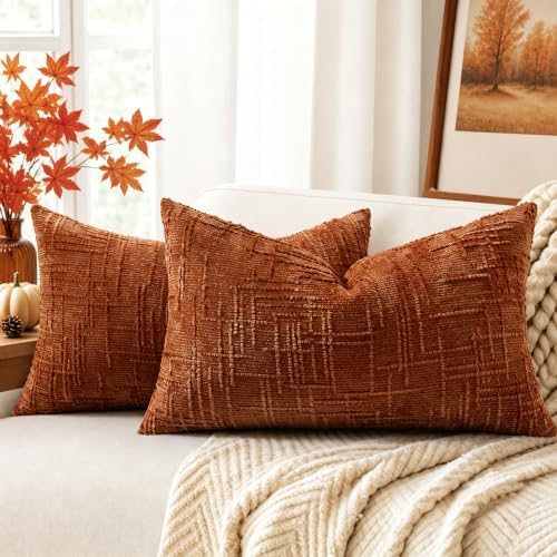 decorUhome Textured Chenille Throw Pillow Covers 12x20 Set of 2 Rust by decorUhome