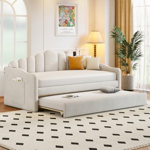 Upholstered Twin Daybed with Trundle, USB Ports Beige Velvet by Unknown