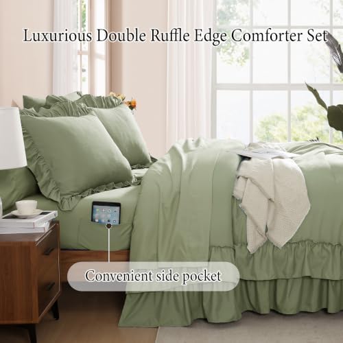 Queen Comforter Set Light Green Ruffle 7 Pieces Farmhouse Bed in a Bag - Image 4
