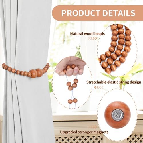 KLOGTSIND Magnetic Curtain Tiebacks, 2 Pack Wood Bead Curtain Holdbacks - Image 5