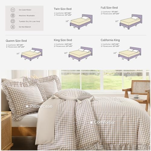 Andency Tan Gingham Ruffle Comforter King, 3 Pieces Vintage Bedding - Image 4