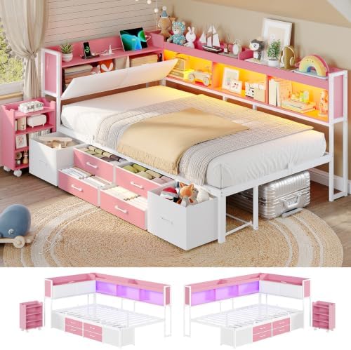 Corner Twin Bed Frame with Pull-Out Cabinet/Bookcase/Headboad Storage by MSMASK