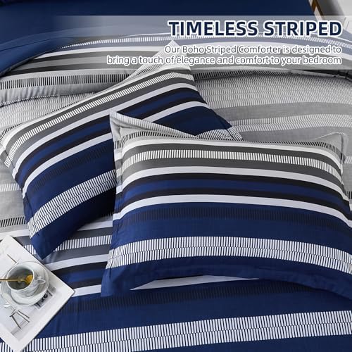Dobuyly Navy Blue Queen Comforter Set 7 Pieces, Boho Striped Bed in a Bag Queen - Image 5