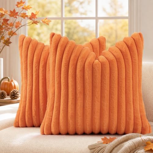 decorUhome Fall Faux Fur Throw Pillow Covers 20x20 Set of 2 Pumpkin Orange by decorUhome