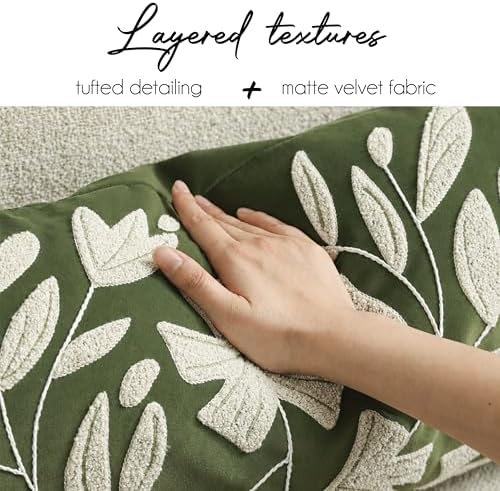 BlissBlush Decorative Lumbar Pillow Cover 12x20 Inch, Olive Green Floral Tufted - Image 2
