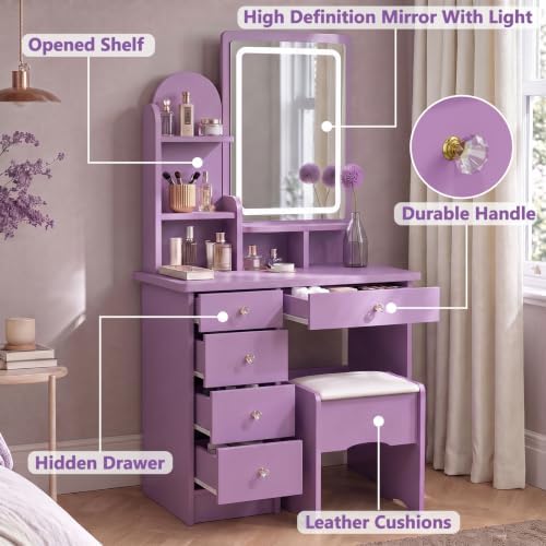 Purple Makeup Vanity Desk with Mirror and Lights, 5 Drawers - Image 5