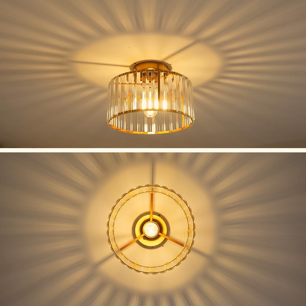 Crystal Ceiling Light Fixture, Modern Semi Flush Mount Ceiling Light, Gold Hallway Lighting Fixtures Chandelier for Kitchen, Close To Ceiling Light Fixtures for Entryway Bedroom, 1-Light, 11Inch