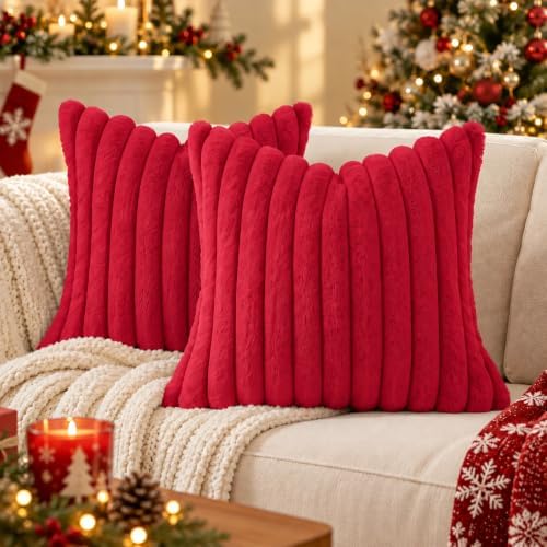 decorUhome Christmas Faux Fur Throw Pillow Covers 12X20 Set of 2 Red - Image 2