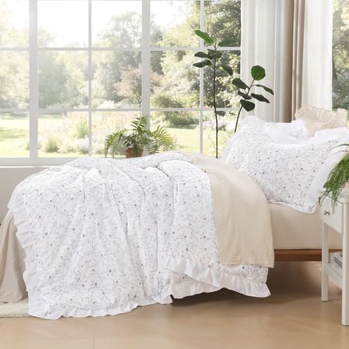Litanika Queen Comforter Set, 3 Pieces White Floral Ruffle Bedding Set - Image 4