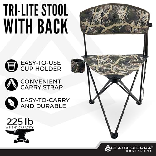 Black Sierra Folding Hunting Stool w Backrest & Cup Holder, 225 lb Capacity - Image 4