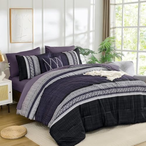 Dintszyayue Purple Cal King Comforter Size Set, 8 Pieces Boho Striped Texture by Dintszyayue