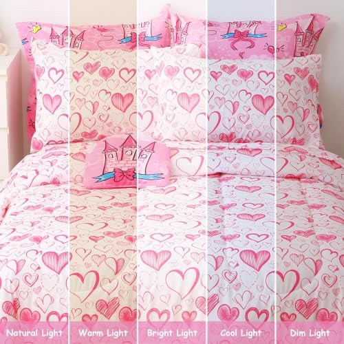 Kids Twin Comforter Bed Set 6 Pieces Castle Heart Girls Bedding Set - Image 7