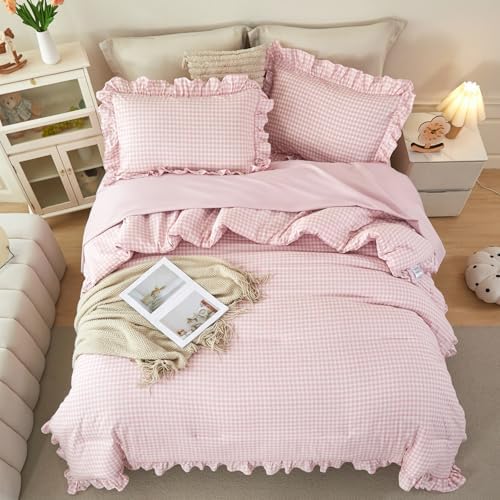 5 Pcs Pink Gingham Ruffled Comforter Set Twin - Image 3